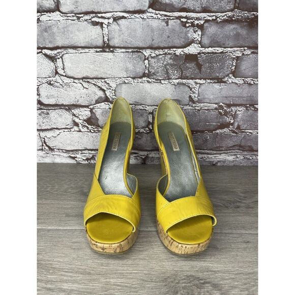 Bottero Yellow Patent Leather Peep Toe Platform Cork Wedge Sandals Women Sz 37EU - Picture 2 of 16